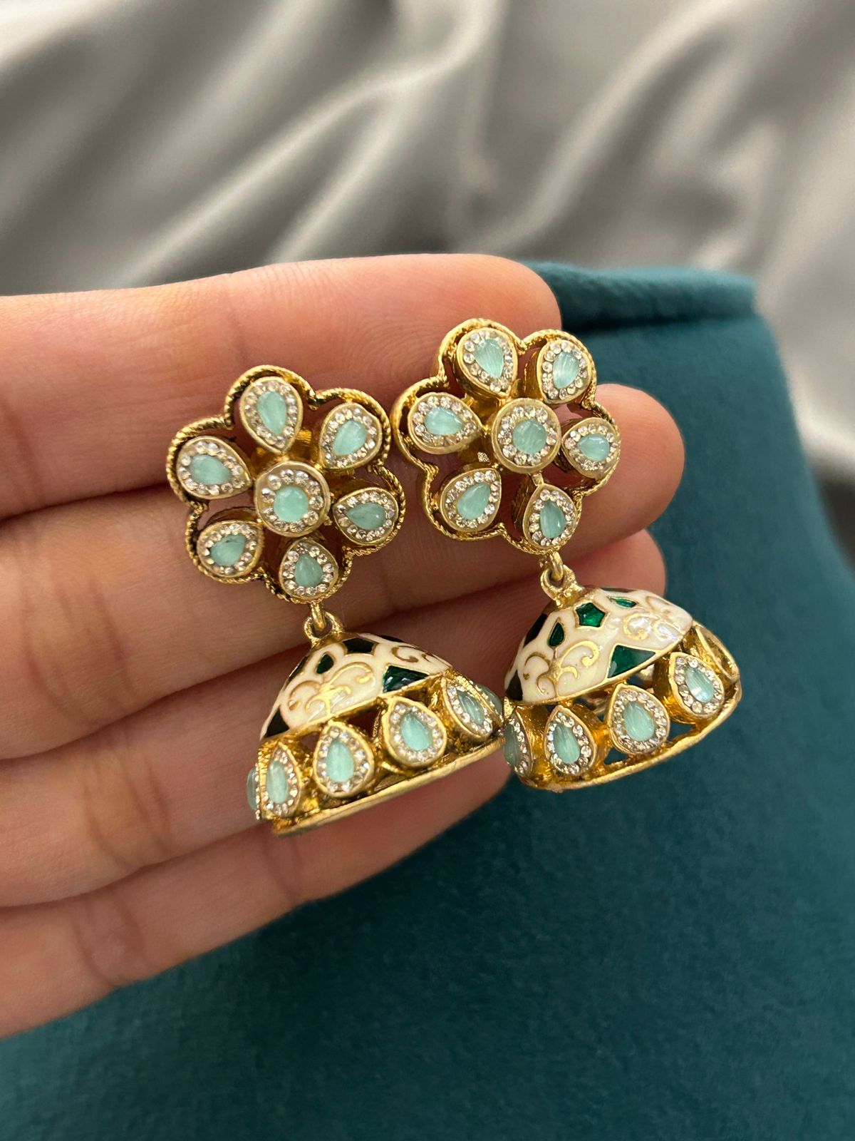 Pastel Mint Enamel Floral Necklace Set with Jhumka Earrings